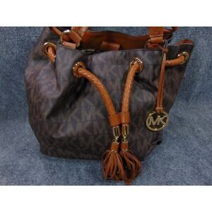 Michael Kors Purse Brown MK Log Canvas Leather Bucket Bag Tassel Drawstring
